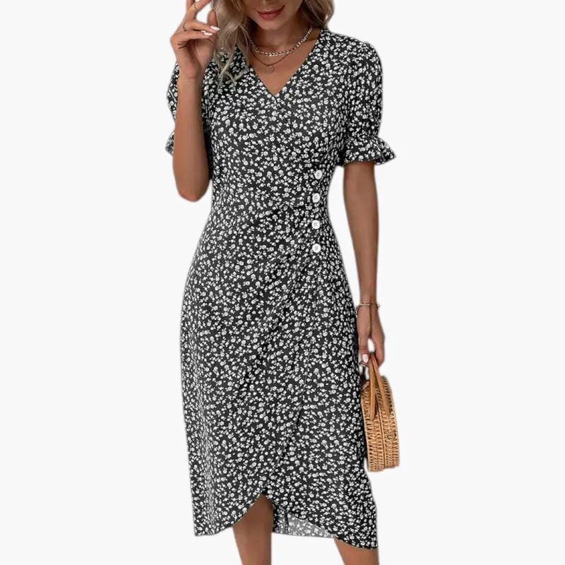 Women's Midi Dress – V-Neck, Floral Print & Short Sleeve
