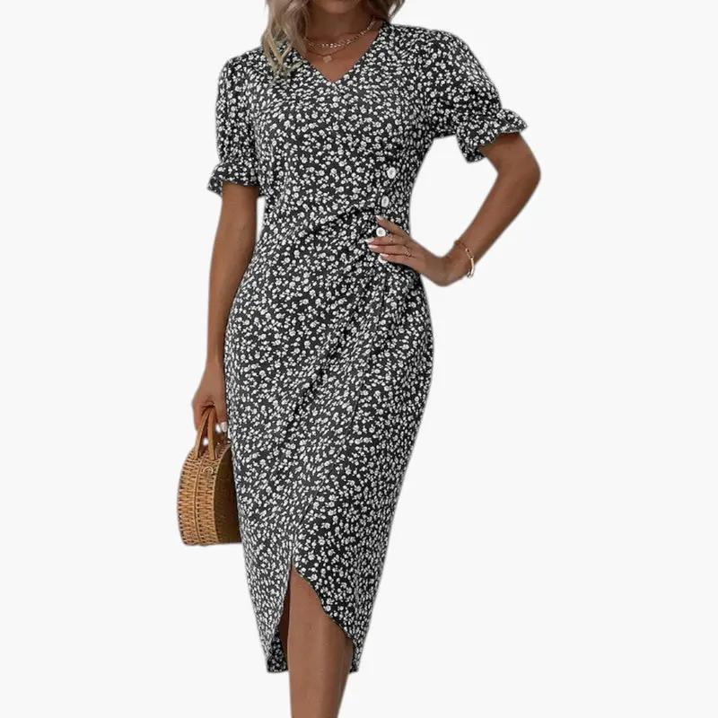 Women's Midi Dress – V-Neck, Floral Print & Short Sleeve