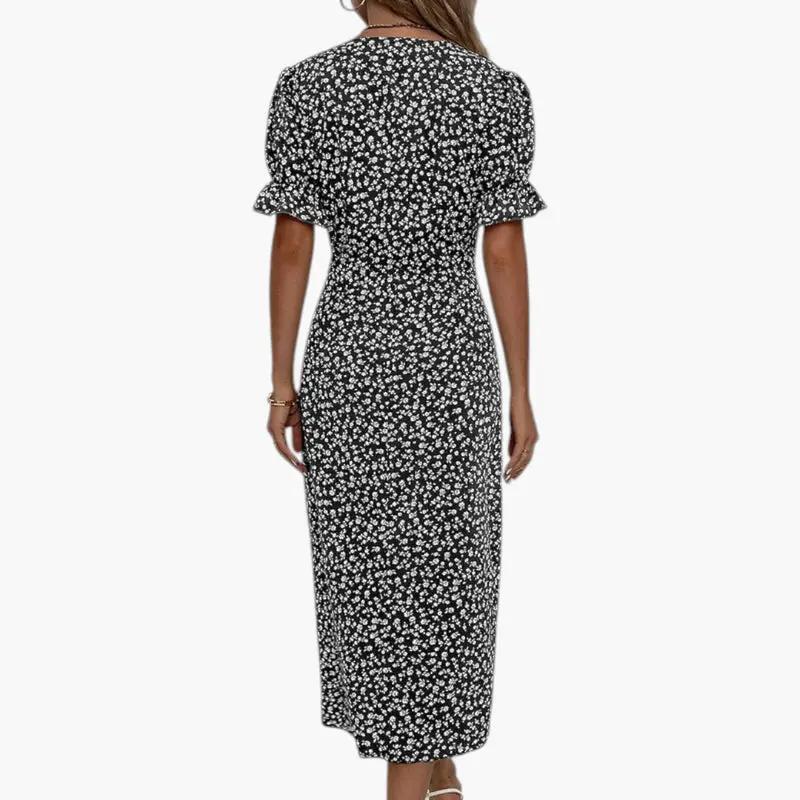 Women's Midi Dress – V-Neck, Floral Print & Short Sleeve