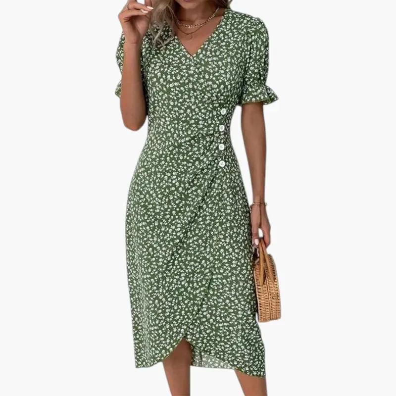 Women's Midi Dress – V-Neck, Floral Print & Short Sleeve