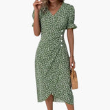 Women's Midi Dress – V-Neck, Floral Print & Short Sleeve