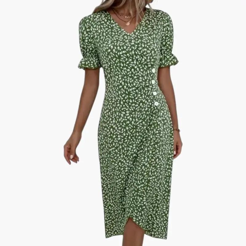 Women's Midi Dress – V-Neck, Floral Print & Short Sleeve