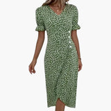 Women's Midi Dress – V-Neck, Floral Print & Short Sleeve