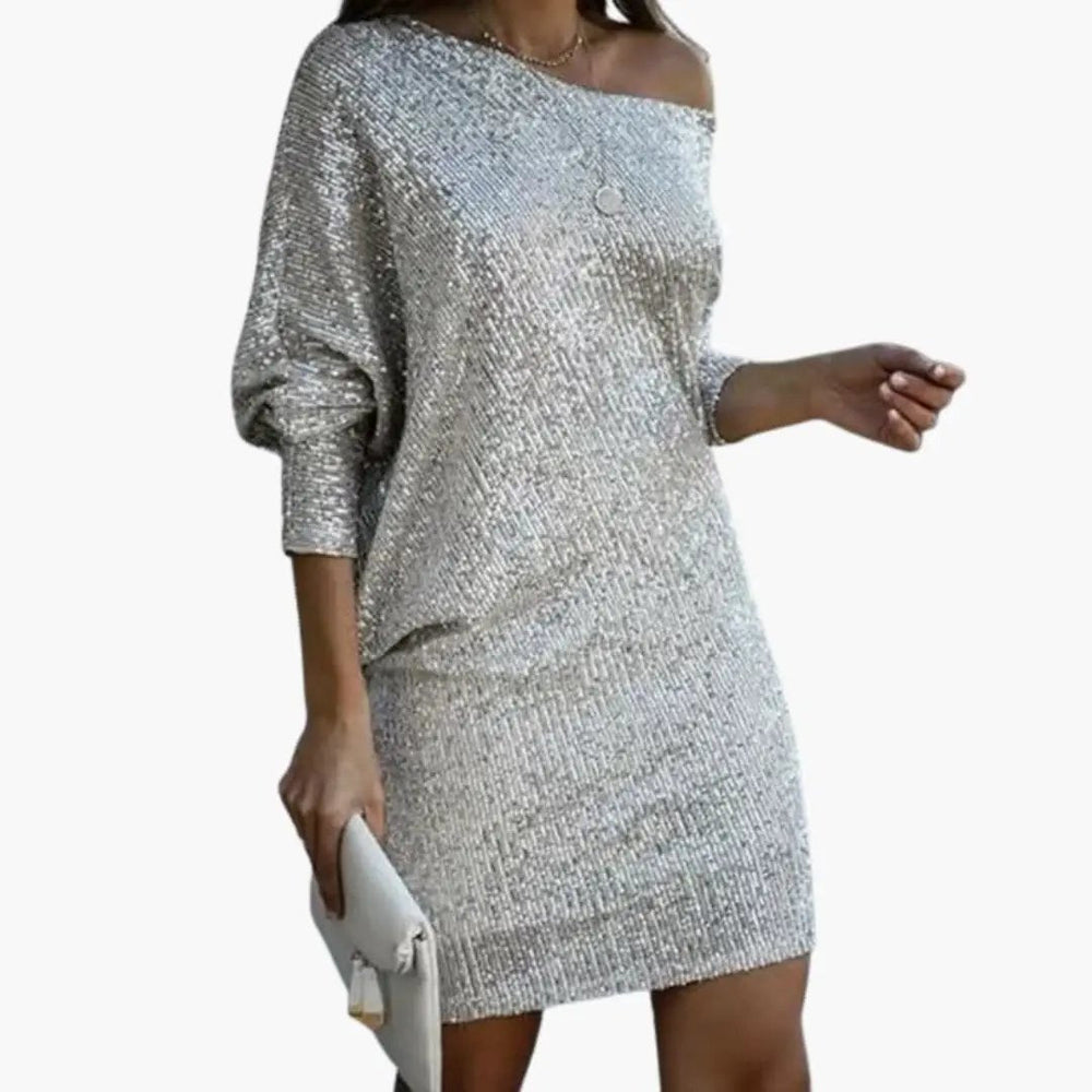 Women's Mini Dress – Off-the-Shoulder Neckline & Sequin Design
