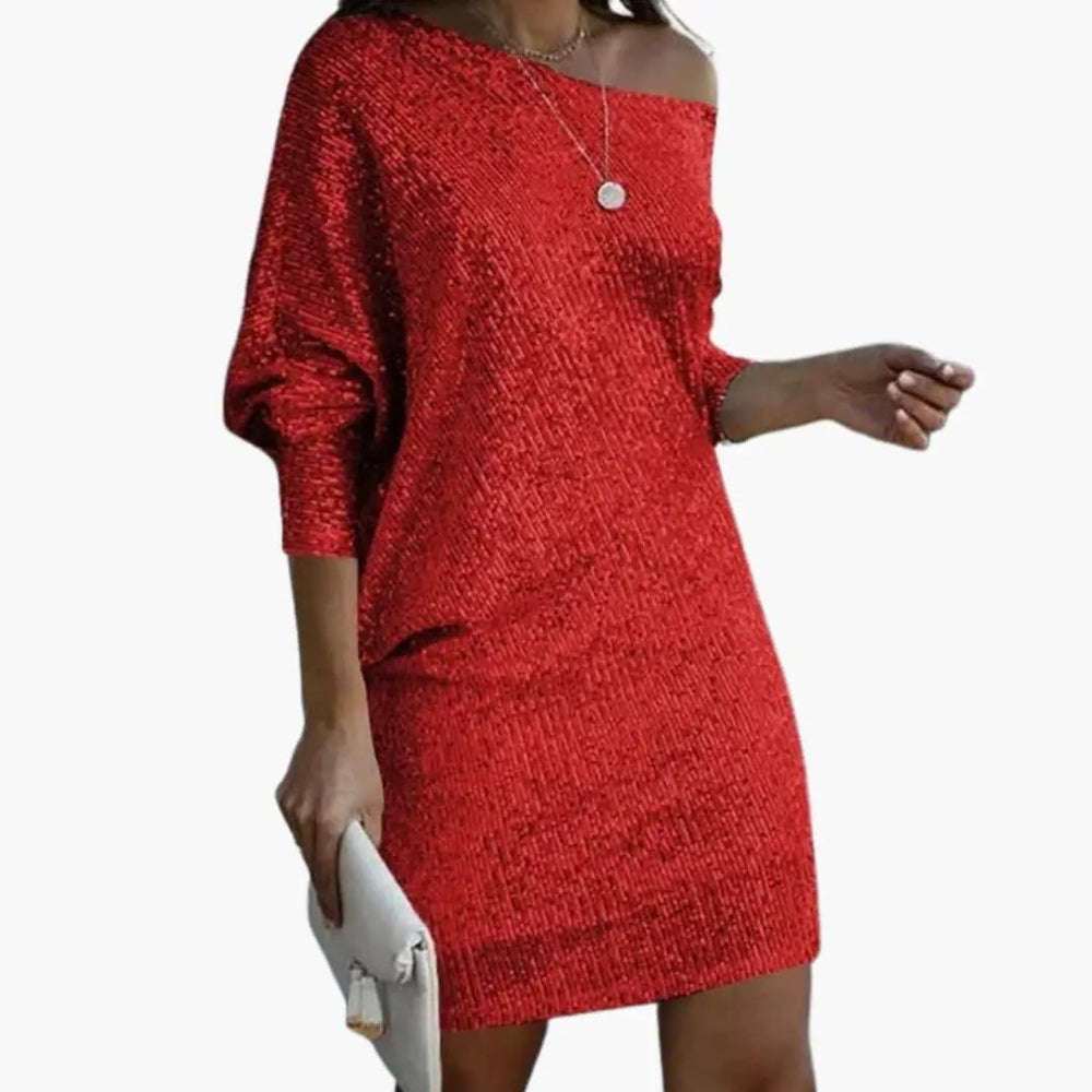 Women's Mini Dress – Off-the-Shoulder Neckline & Sequin Design