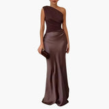 Women's Maxi Dress – One-Shoulder, Pleated & Floor-Length