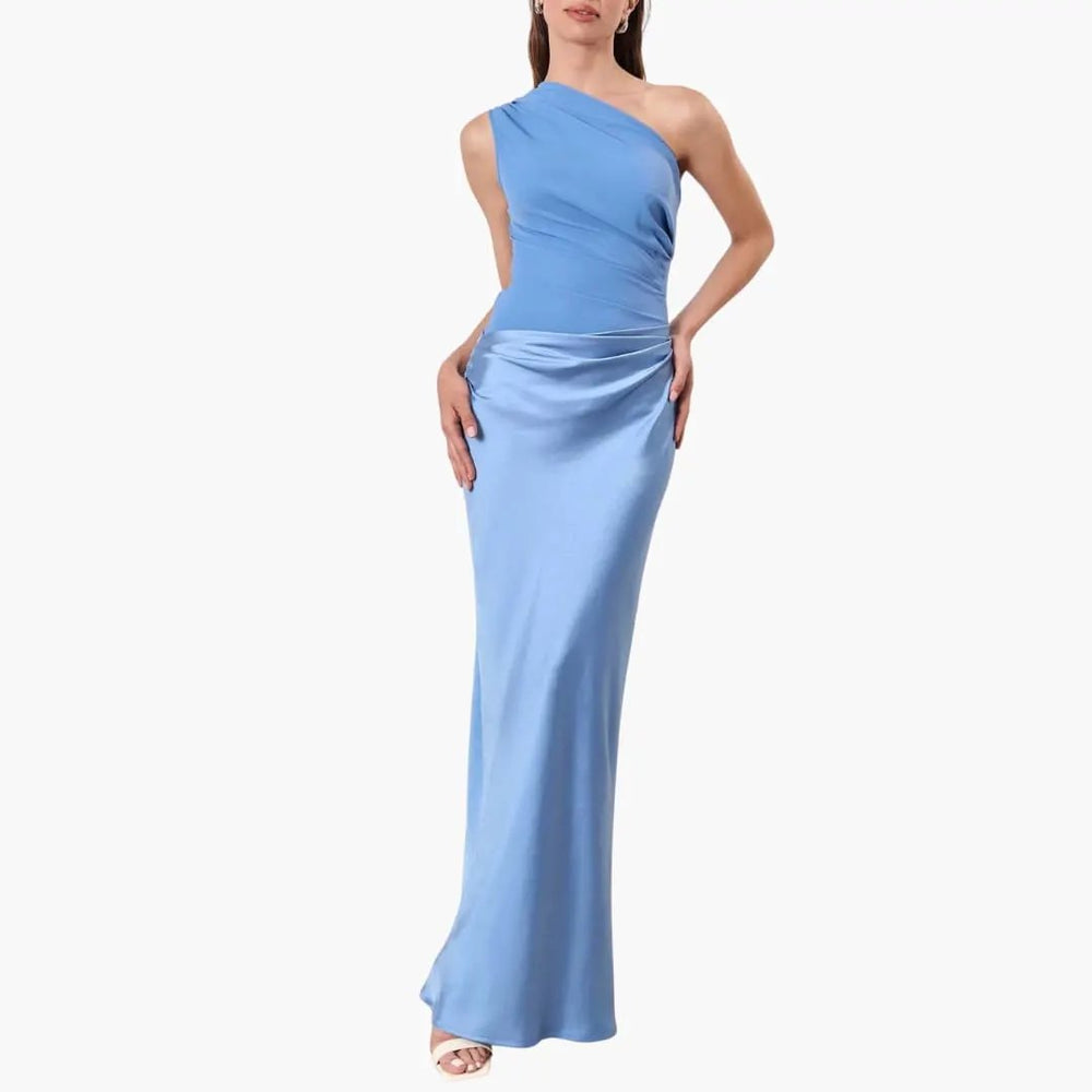 Women's Maxi Dress – One-Shoulder, Pleated & Floor-Length