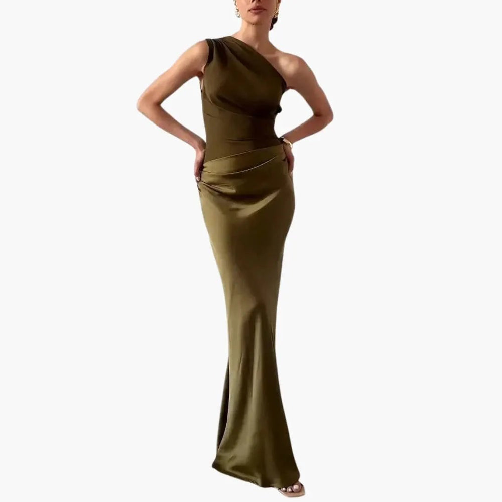 Women's Maxi Dress – One-Shoulder, Pleated & Floor-Length