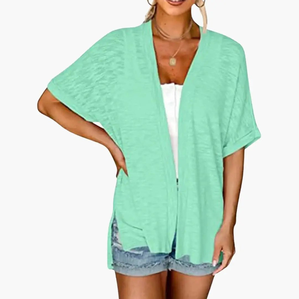 Women's Open-Front Cardigan – Short Sleeves, Straight Hem & Extended Length