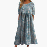 Women's Midi Dress – Printed Pattern, Short Sleeves & Loose Fit