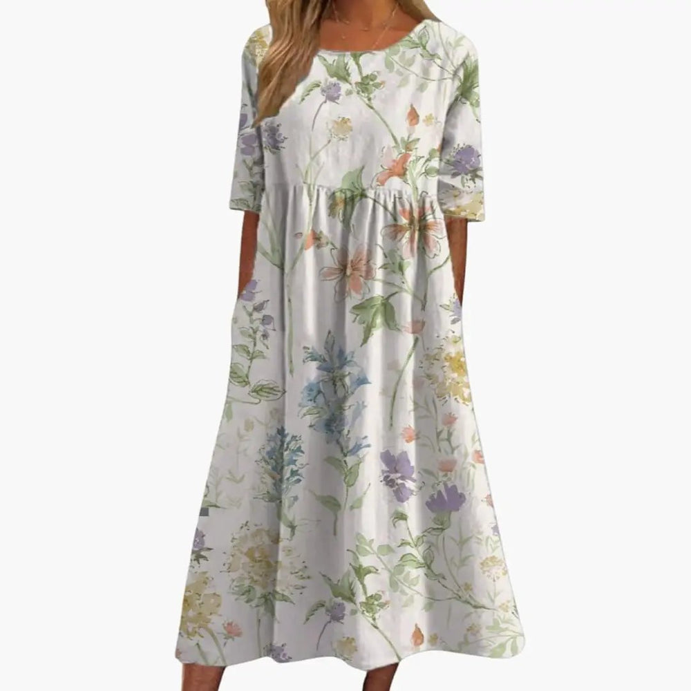 Women's Midi Dress – Printed Pattern, Short Sleeves & Loose Fit