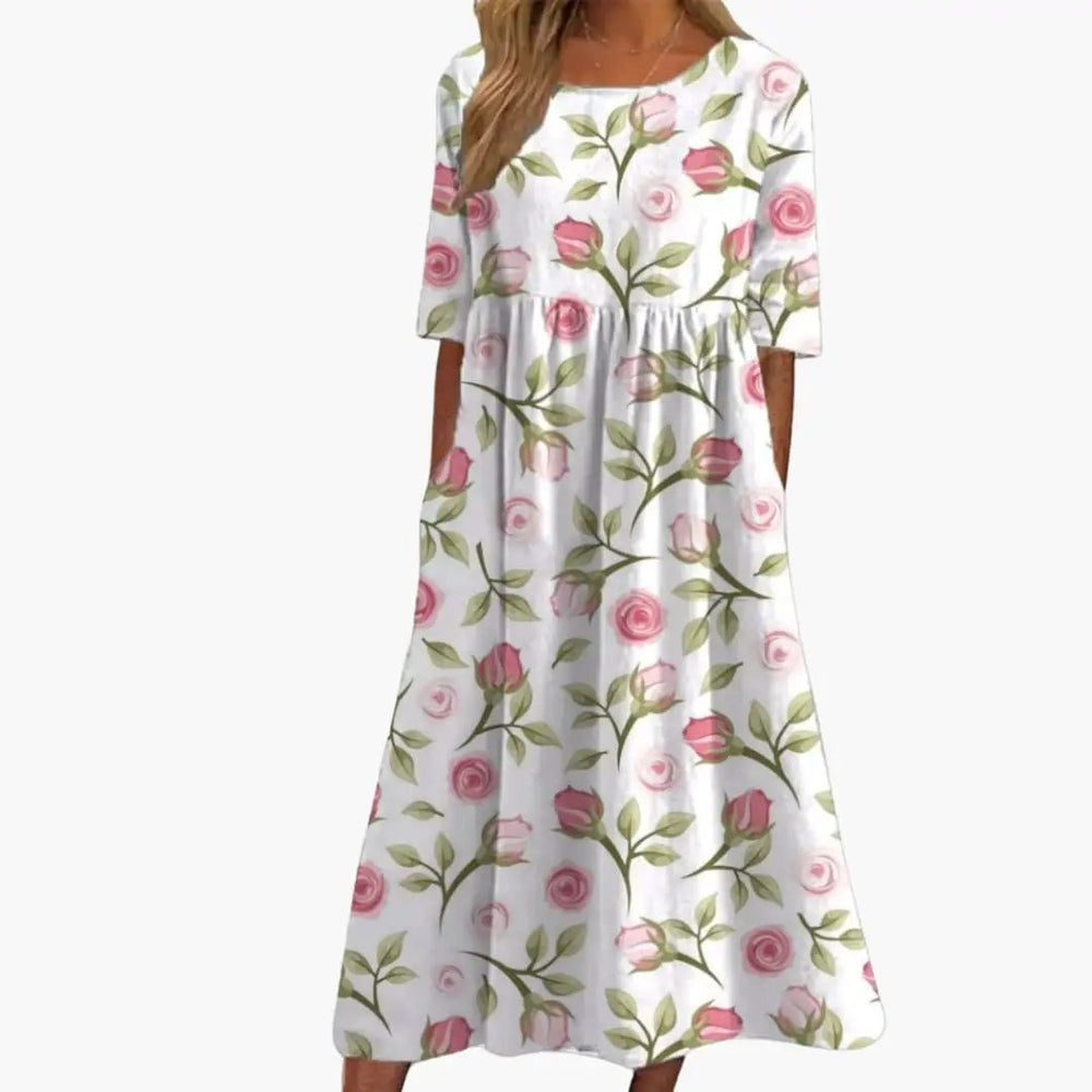Women's Midi Dress – Printed Pattern, Short Sleeves & Loose Fit