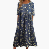 Women's Midi Dress – Printed Pattern, Short Sleeves & Loose Fit