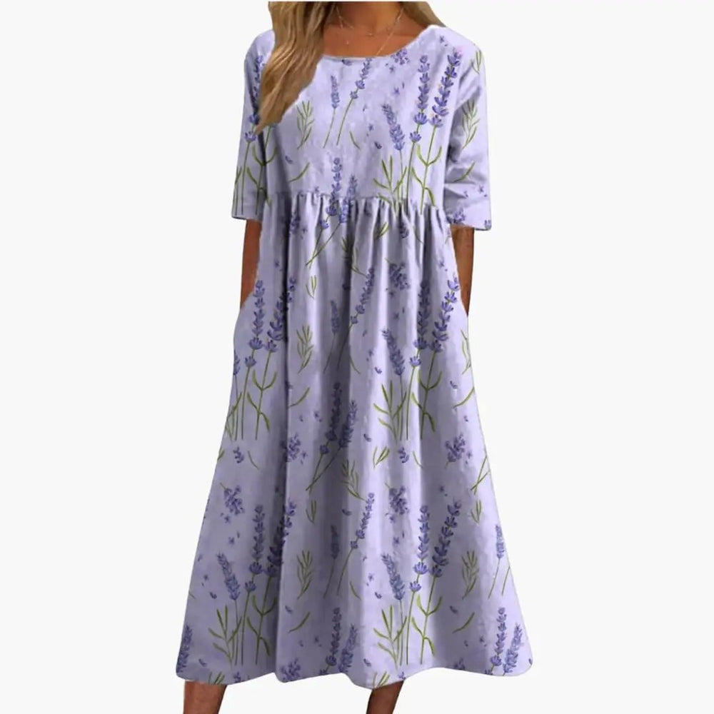 Women's Midi Dress – Printed Pattern, Short Sleeves & Loose Fit
