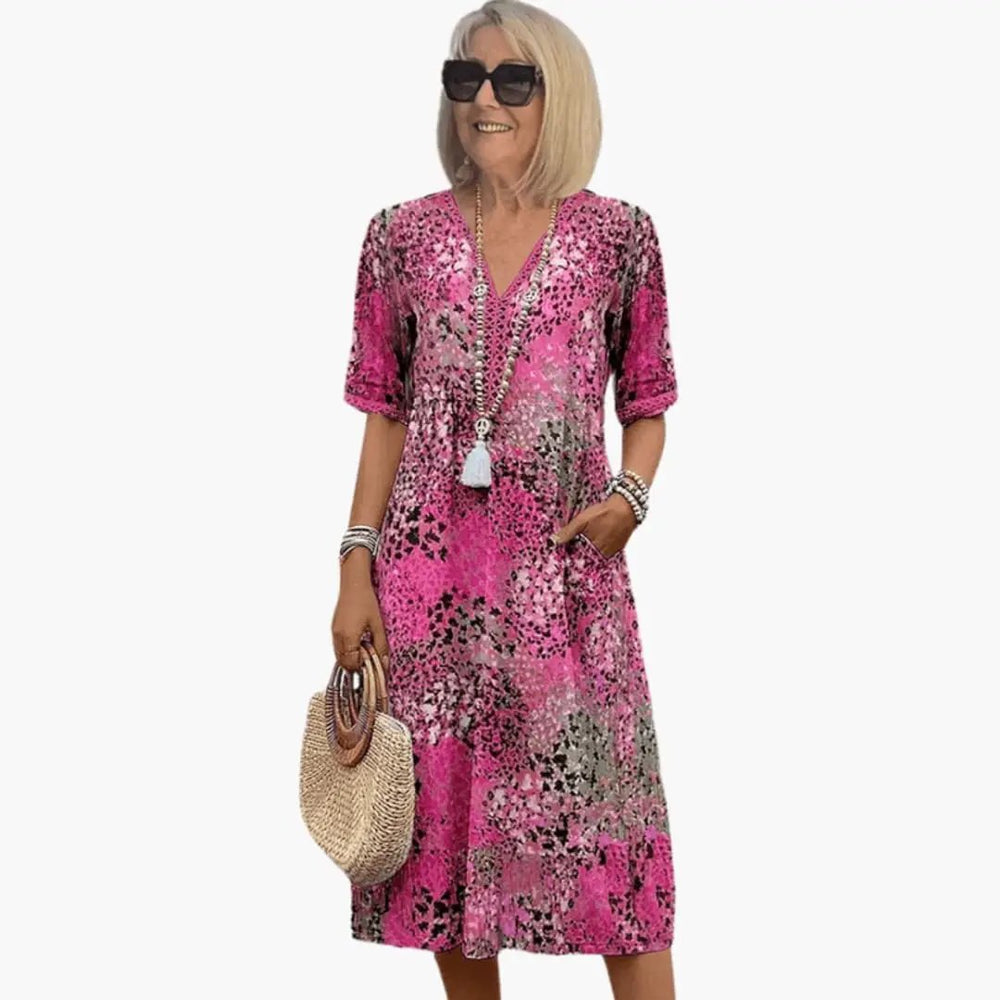 Women's Printed Midi Dress – V-Neck, Short Sleeve & Relaxed Fit