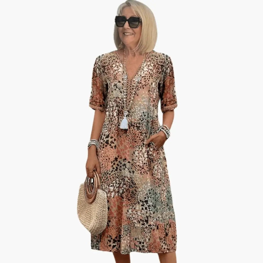 Women's Printed Midi Dress – V-Neck, Short Sleeve & Relaxed Fit