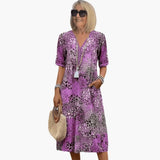 Women's Printed Midi Dress – V-Neck, Short Sleeve & Relaxed Fit