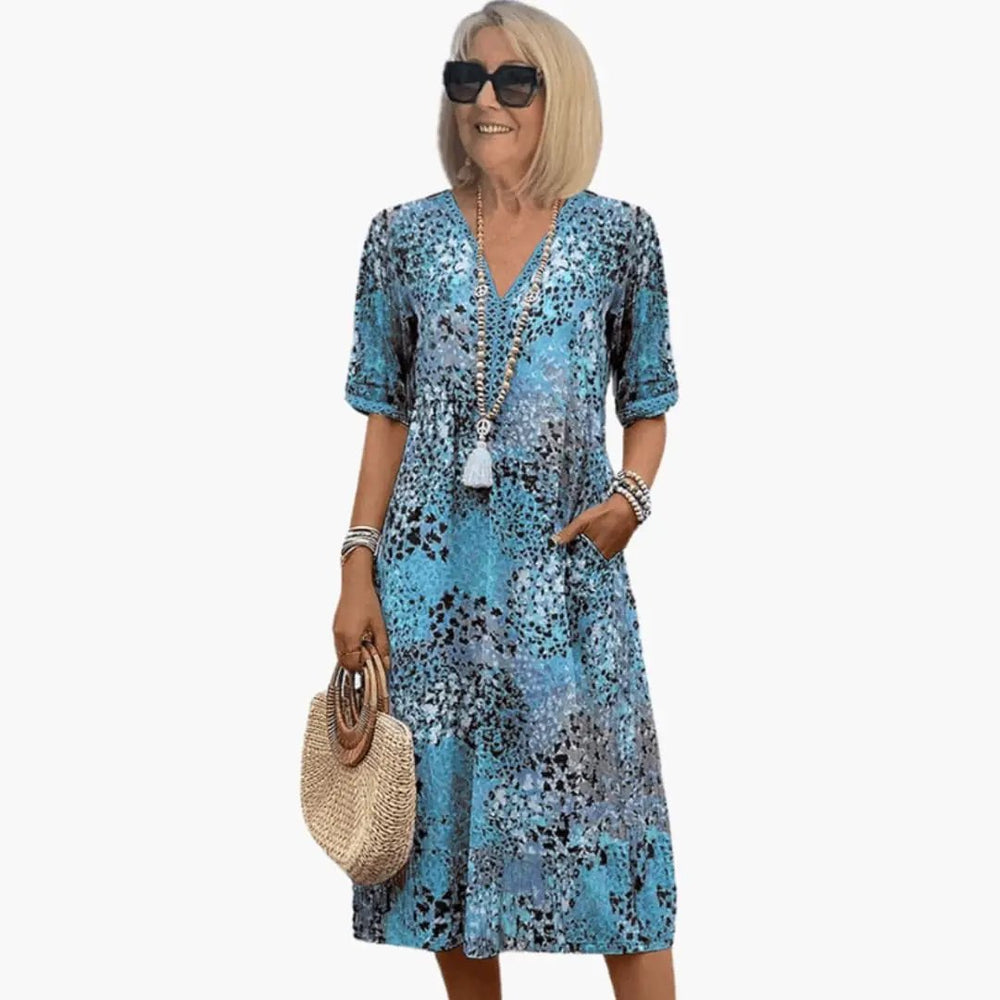 Women's Printed Midi Dress – V-Neck, Short Sleeve & Relaxed Fit