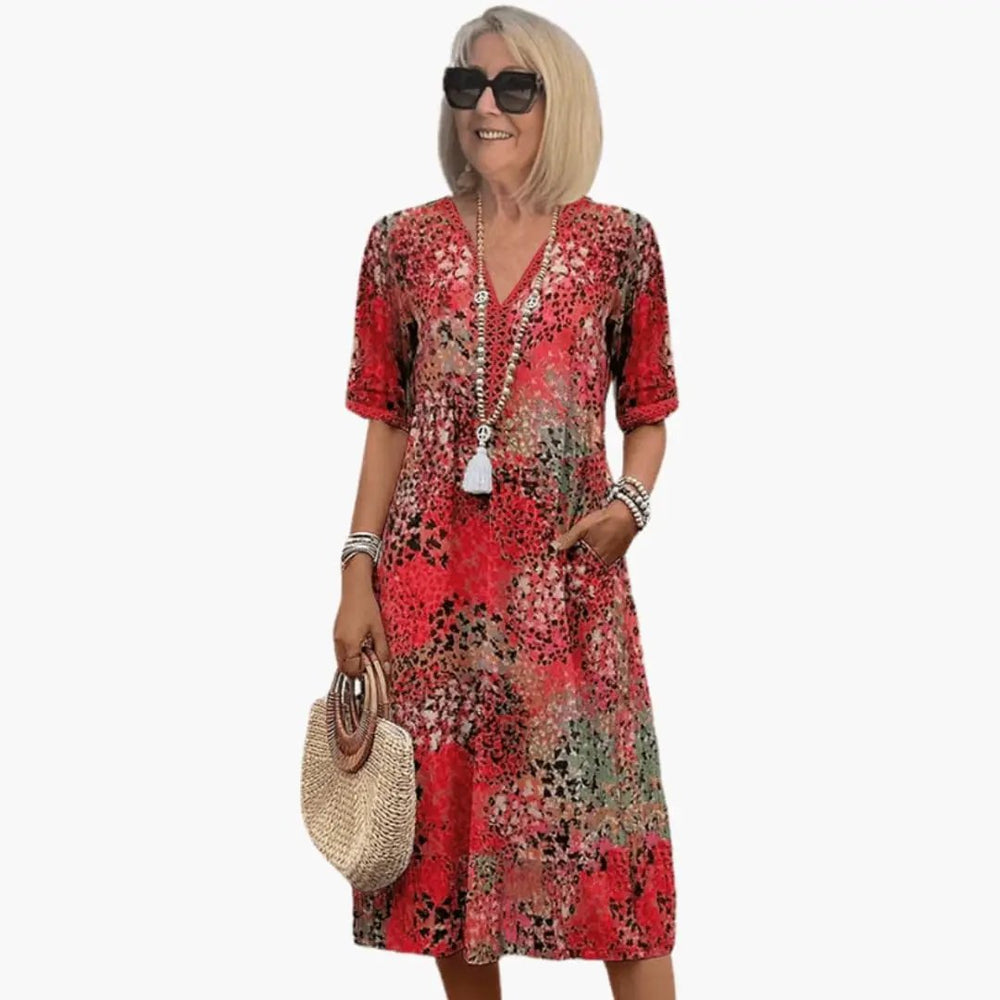 Women's Printed Midi Dress – V-Neck, Short Sleeve & Relaxed Fit