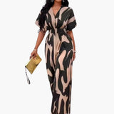 Women's Printed Wide Leg Jumpsuit – V-Neck, Waist Belt & One-Piece Design