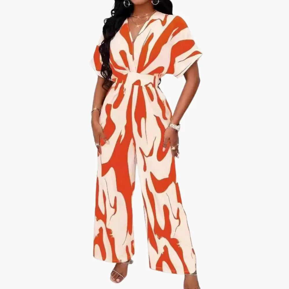 Women's Printed Wide Leg Jumpsuit – V-Neck, Waist Belt & One-Piece Design