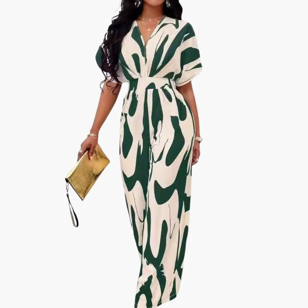 Women's Printed Wide Leg Jumpsuit – V-Neck, Waist Belt & One-Piece Design