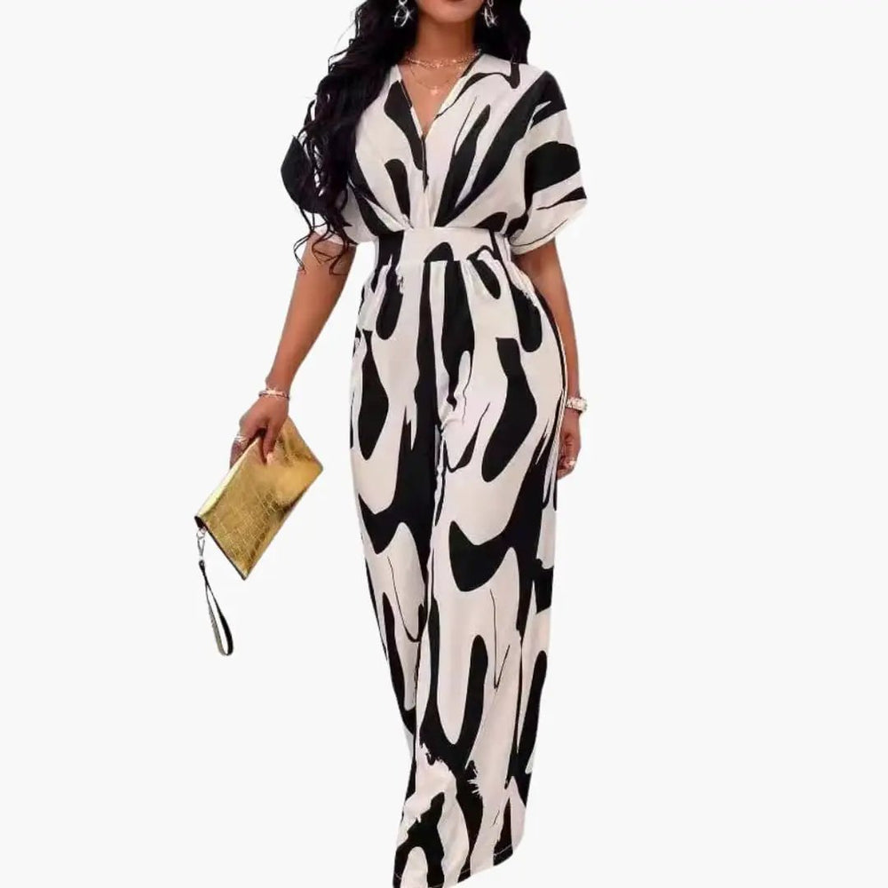 Women's Printed Wide Leg Jumpsuit – V-Neck, Waist Belt & One-Piece Design