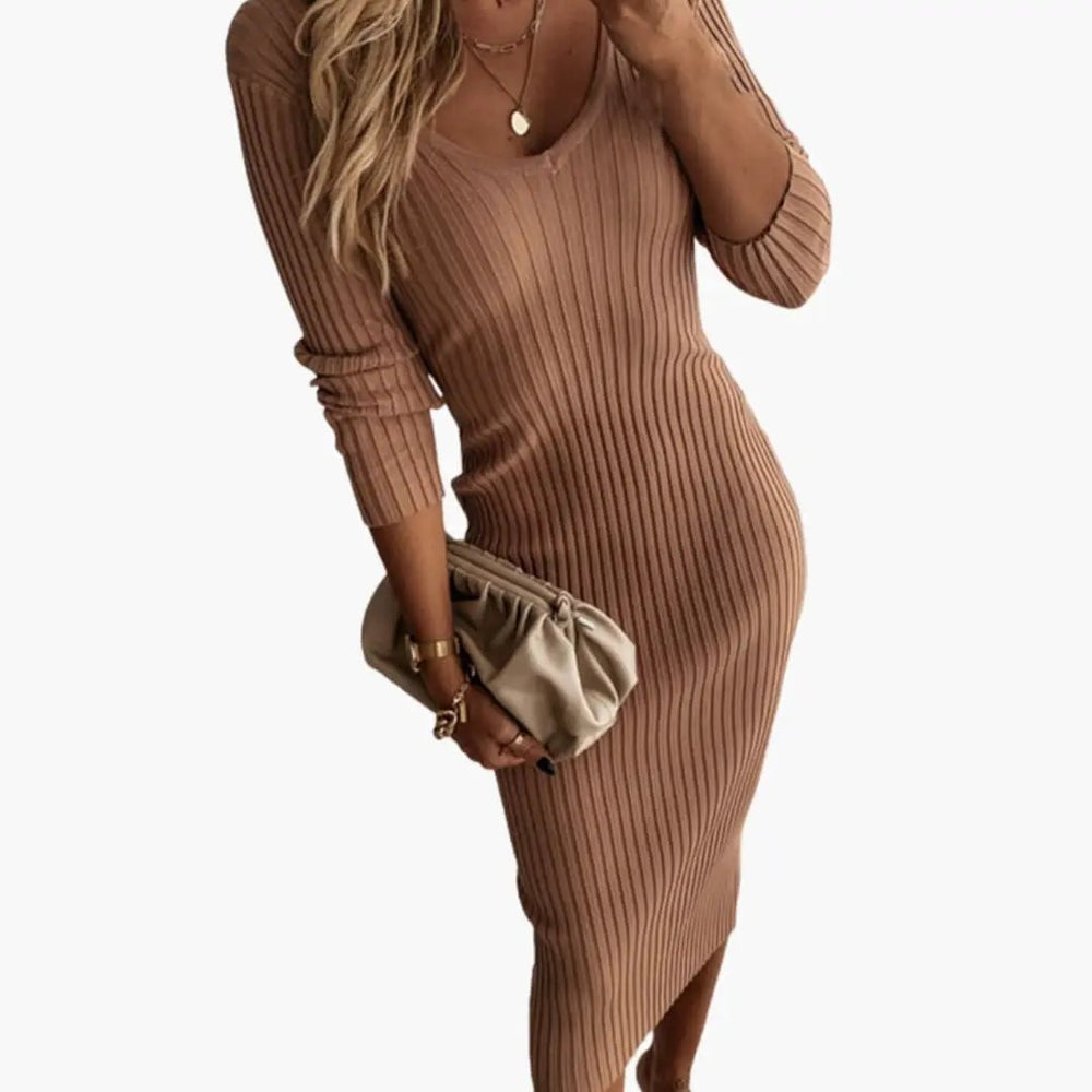 Women's Ribbed Midi Dress – Round Neckline