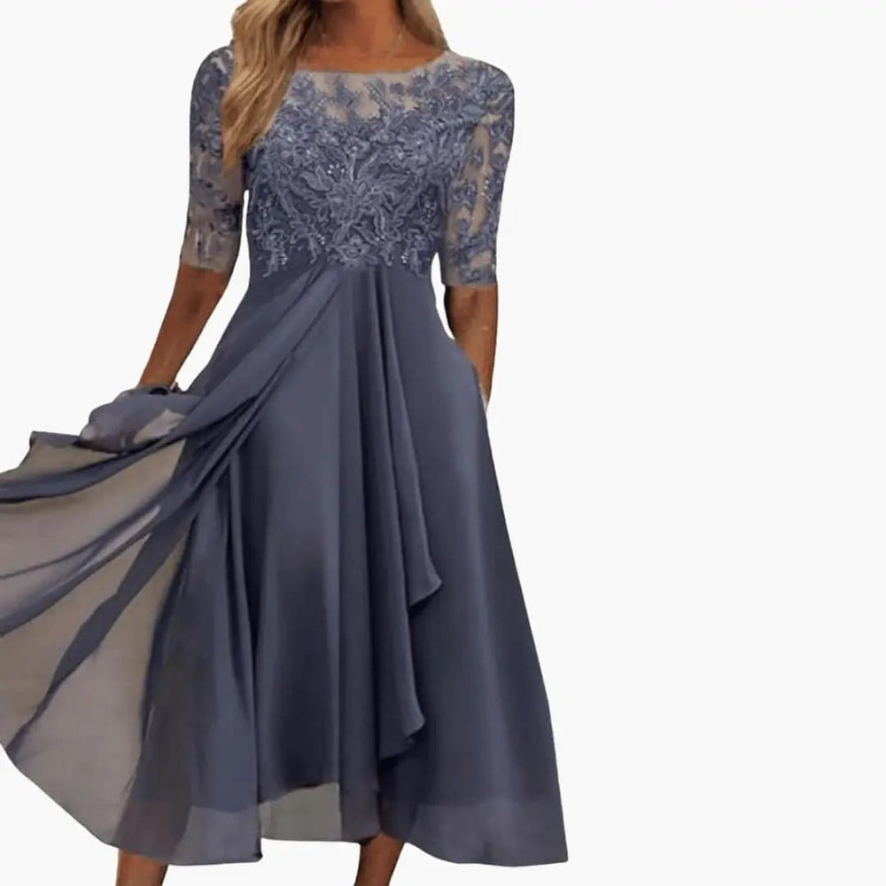 Women's High-Waist Midi Dress – Round Neck, Short Sleeves & Rear Zipper