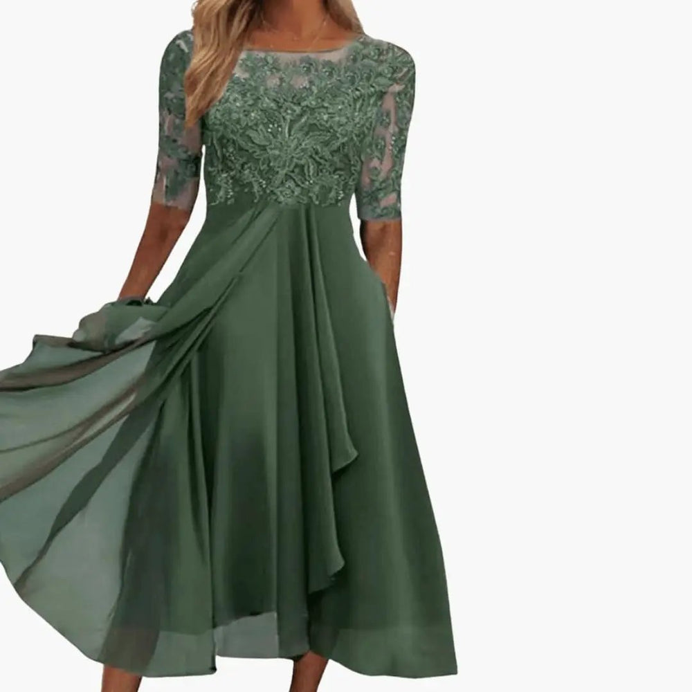 Women's High-Waist Midi Dress – Round Neck, Short Sleeves & Rear Zipper