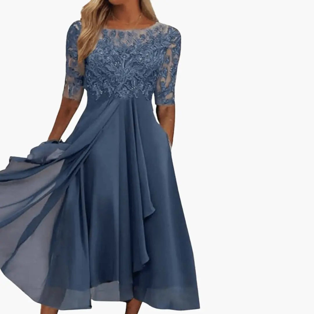 Women's High-Waist Midi Dress – Round Neck, Short Sleeves & Rear Zipper