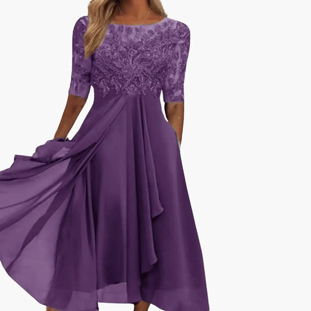 Women's High-Waist Midi Dress – Round Neck, Short Sleeves & Rear Zipper