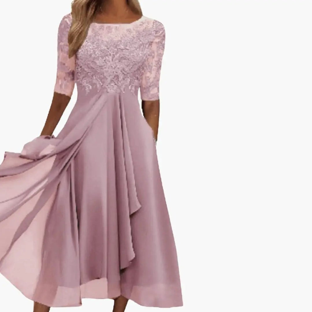 Women's High-Waist Midi Dress – Round Neck, Short Sleeves & Rear Zipper