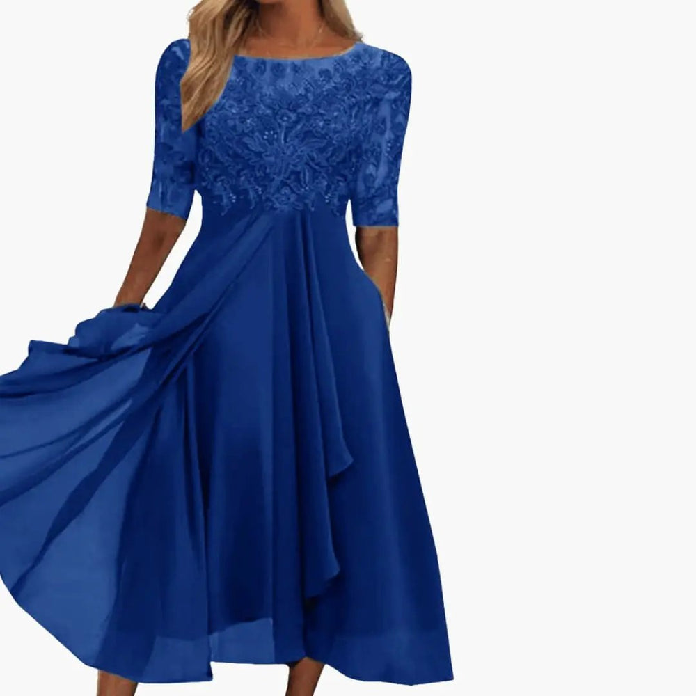 Women's High-Waist Midi Dress – Round Neck, Short Sleeves & Rear Zipper