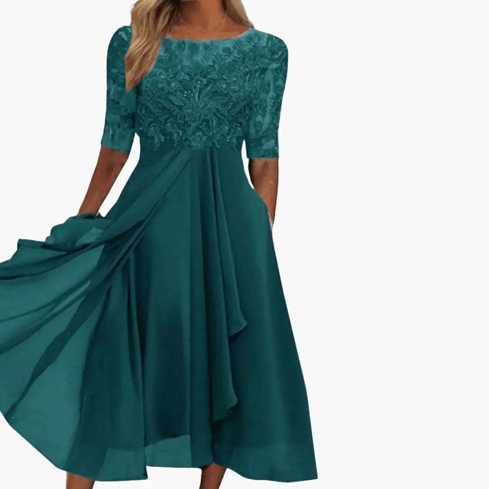 Women's High-Waist Midi Dress – Round Neck, Short Sleeves & Rear Zipper