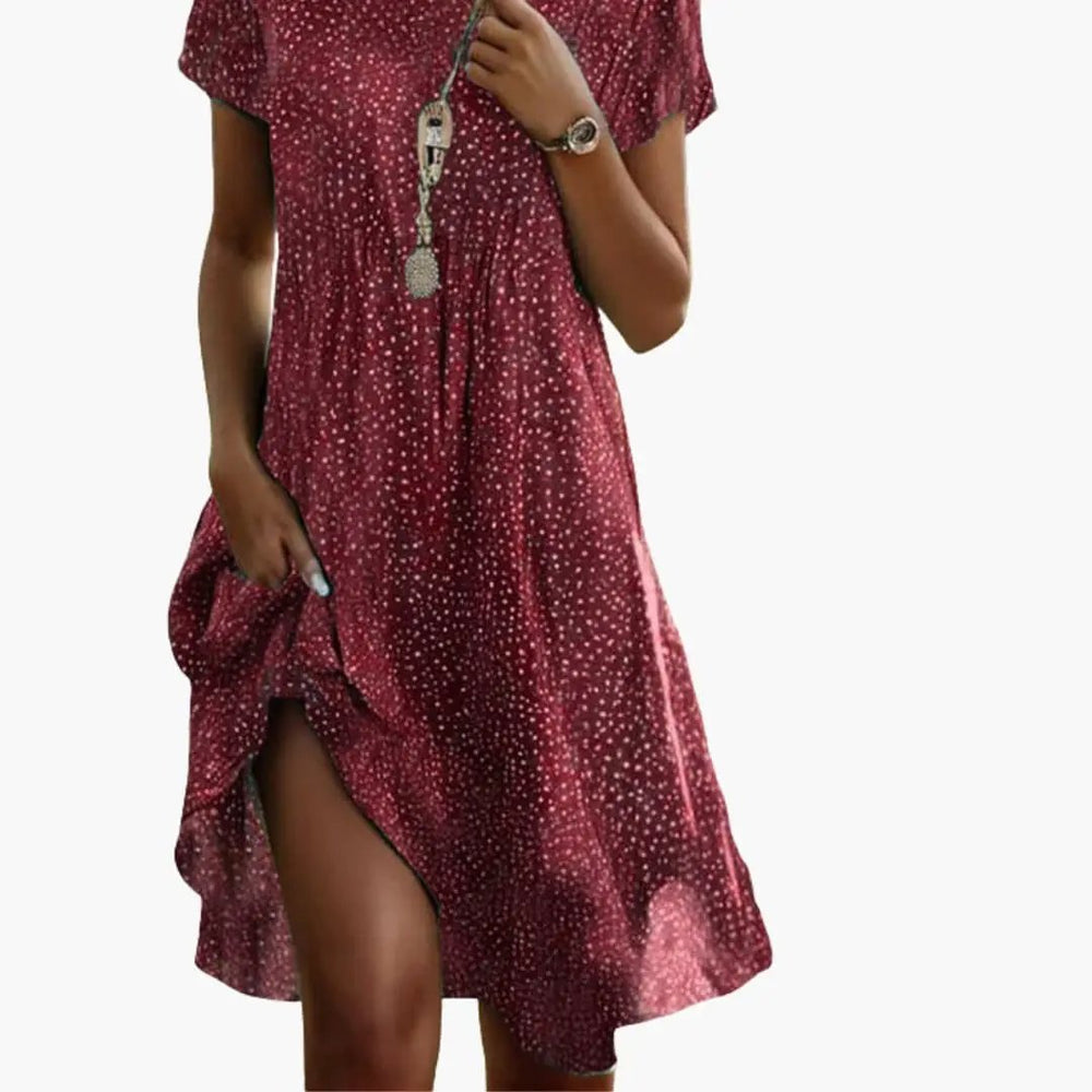 Women's Midi Dress – Round Neckline, Patterned Print & Short Sleeve Fit
