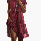 Women's Midi Dress – Round Neckline, Patterned Print & Short Sleeve Fit