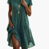 Women's Midi Dress – Round Neckline, Patterned Print & Short Sleeve Fit