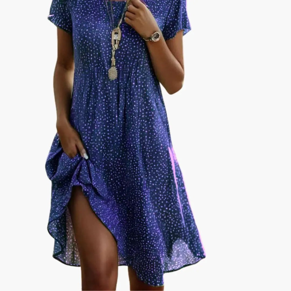 Women's Midi Dress – Round Neckline, Patterned Print & Short Sleeve Fit