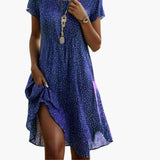 Women's Midi Dress – Round Neckline, Patterned Print & Short Sleeve Fit