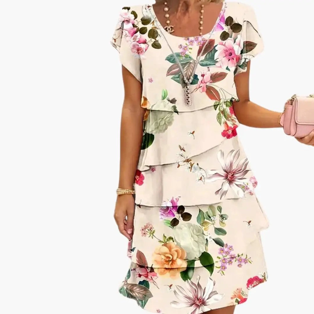 Women's Pleated Midi Dress – Ruffle Detail, Short Sleeve & Printed Pattern
