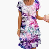 Women's Pleated Midi Dress – Ruffle Detail, Short Sleeve & Printed Pattern