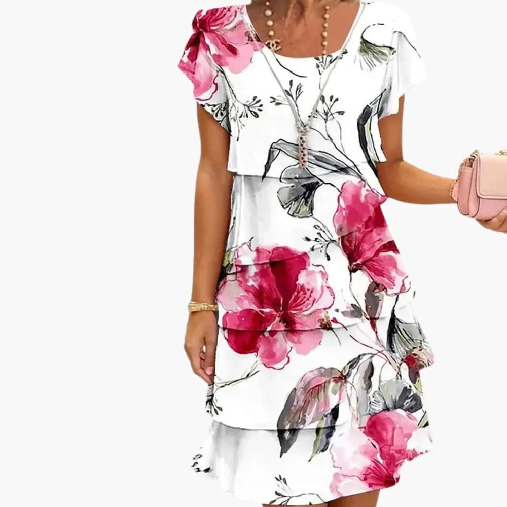 Women's Pleated Midi Dress – Ruffle Detail, Short Sleeve & Printed Pattern