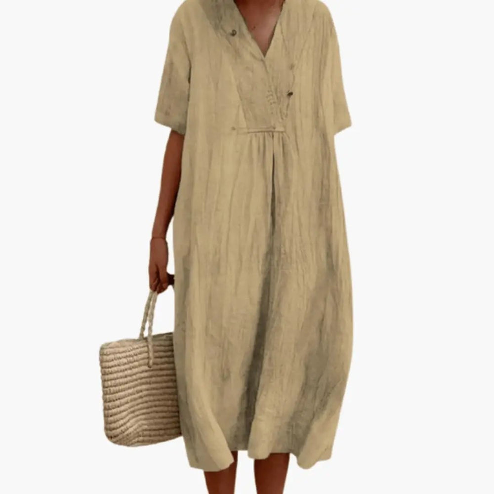 Women's Short Sleeve Dress – Knee-Length Skirt, Relaxed Waist & Flowing Fit