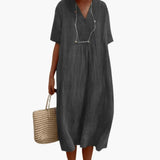 Women's Short Sleeve Dress – Knee-Length Skirt, Relaxed Waist & Flowing Fit