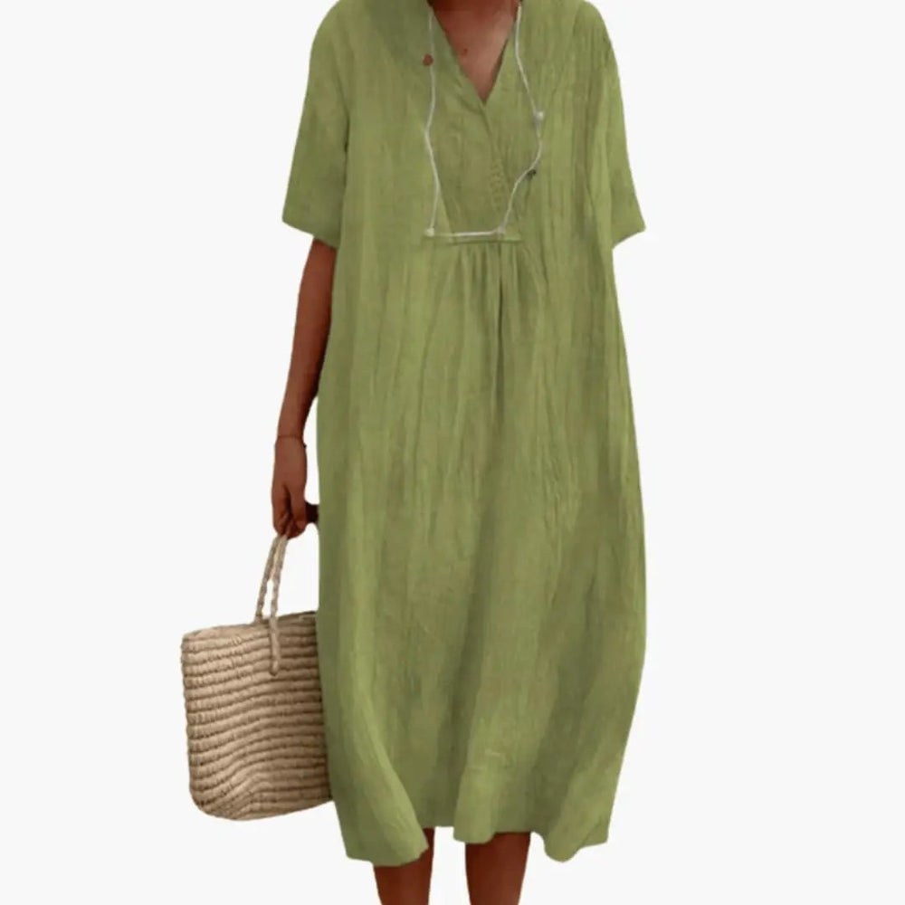 Women's Short Sleeve Dress – Knee-Length Skirt, Relaxed Waist & Flowing Fit