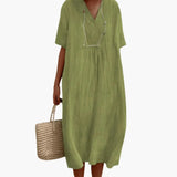 Women's Short Sleeve Dress – Knee-Length Skirt, Relaxed Waist & Flowing Fit