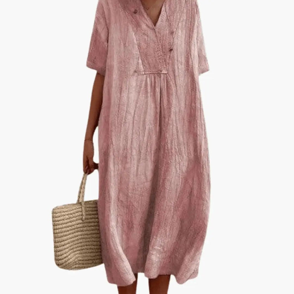 Women's Short Sleeve Dress – Knee-Length Skirt, Relaxed Waist & Flowing Fit