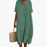 Women's Short Sleeve Dress – Knee-Length Skirt, Relaxed Waist & Flowing Fit