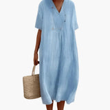 Women's Short Sleeve Dress – Knee-Length Skirt, Relaxed Waist & Flowing Fit